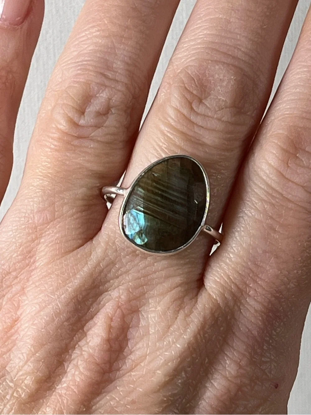 Solid Sterling Silver 925 Labradorite Gemstone Flat Stacker Ring Size 8.75